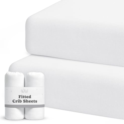 Image of Crib Sheets for Boys & Girls - 2 Pack Fitted Baby Crib Sheets Neutral for Standard & Toddler Bed Mattress - Buttery Soft Organic Cotton Blend (Moonlit White)