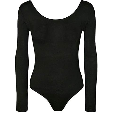 FASHION 7STAR New Ladies Stretch Bodysuit Long Sleeve Top Womens Leotard Scoop Neck Gymnastic Dance Leotard Top 8-14 (Black UK 8-10) Cover