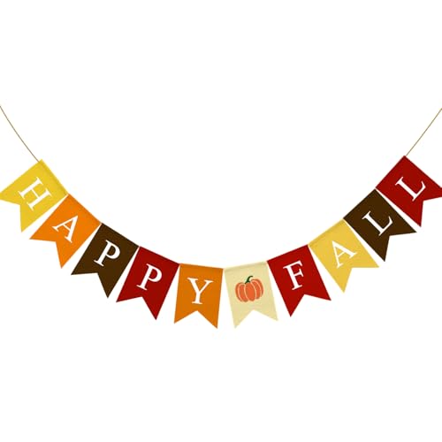 Adurself Happy Fall Burlap Banner with Pumpkin Pre-Strung Faux Burlap Autumn Garland Rustic Harvest Thanksgiving Decorations for Home Mantel Porch Fireplace Wall Decor