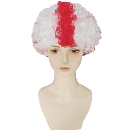 Image of FREE BEAUTY England Flag Colored Afro Wig for Men Women 2026 World Cup Fan Wig Soccer Fans Cheer Hair White Red Afro Wigs for Football Fans for Stadium Party Cosplay (England)