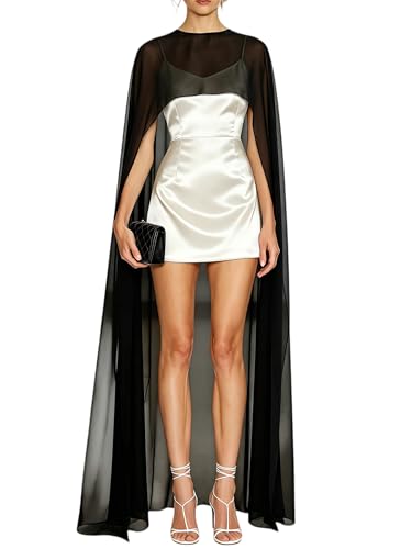 Hedovan Women Chiffon Cape Poncho Sheer Mesh Long Shawl Wrap High-Low Capelet Bridal Wedding Evening Dress Cover Up(Flowy Black One Size)