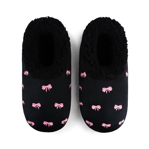 Snoozies Pink Bow Slippers Non-Skid, Memory Foam House Slippers for Women with Soft Sherpa Lining, Womens House Shoes
