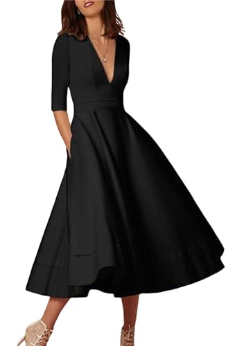 YMING Vestido De Cóctel De Mujeres Elegante Escote En V Profundo Cintura Alta Vintage Midi Swing Vestido Negro XL