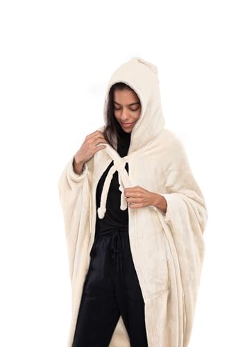 Mintra Home Wearable Blanket Hoodie, Soft, Warm & Cozy Snuggies for Women & Men, Hooded Blanket with Full Sleeves for Adults, One Size Fits All, 70in x 62in (Cream)