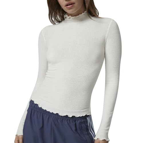 Top Ajustado con Cuello Alto para Mujer, Ribete de Volantes, Capas Básicas, Top Elástico Ajustado de Manga Larga, Color Liso para Uso Diario para Mujer (L)