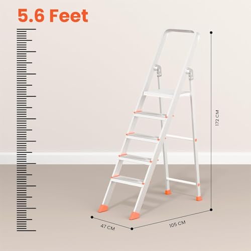 Image of 5 Step Foldable Aluminum Step Ladder with Anti-Slip Steps & Rubber Feet | Heavy-Duty Portable Ladder for Home, Kitchen, Office & Indoor Use (5 Step)