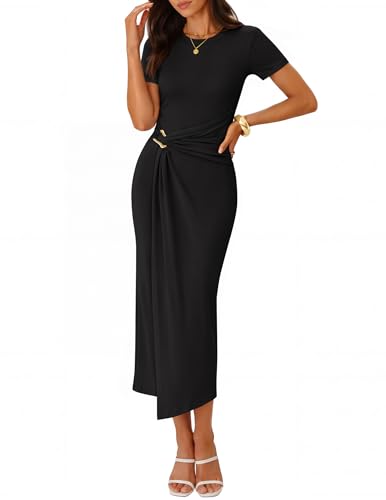 ZESICA Women's 2026 Summer Short Sleeve Bodycon Midi Dress Crewneck