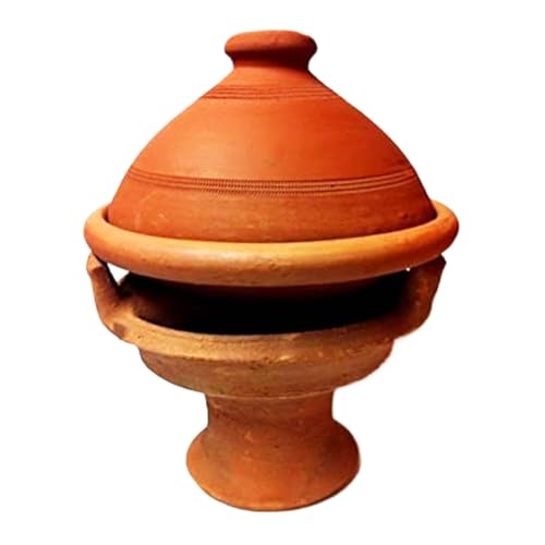 Marrakesch Original Marokkanische Tajine Tuareg Ø 25 cm mit Stövchen | Handgetöpfert aus naturbelassener Lehmerde | Traditionelles Schmorgefäß für schonendes Kochen