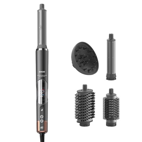 SOGO Cepillo de Aire Caliente (5 en 1) Secador, Moldeador, Plancha y Rizador con Tecnología Coanda, Motor BLDC, 3 Niveles de Temperatura, Función de Aire Frío y Accesorios Intercambiables