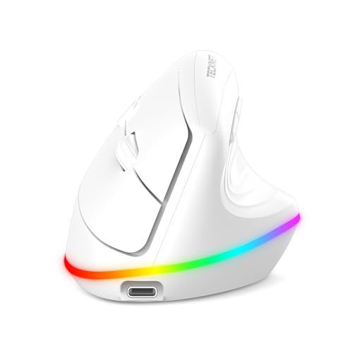 TECKNET RGB Wireless Ergonomic Mouse Rechargeable - USB+Bluetooth Multi-Device LED Vertical Mouse with 11 RGB Backlight Modes 4800 DPI Adjustable Ergo Mice for Windows and Mac White