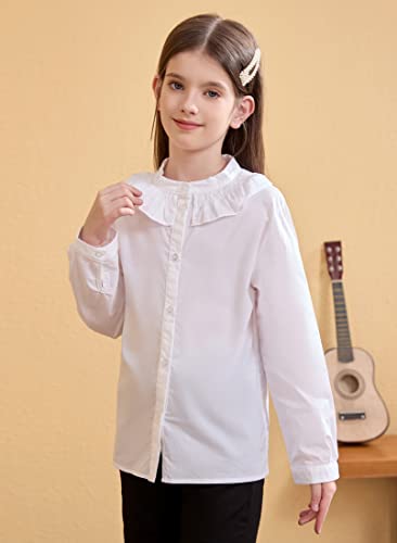 maoo garden Girls Long Sleeve Blouse Ruffle Cotton Button Down Uniform Dress Shirts4