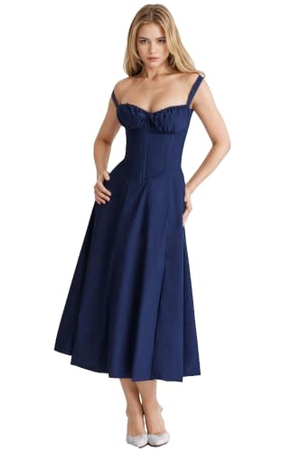 Image of Women Floral Corset Dress 2026 Boho Midi Sundress Summer Dress | Flowy A-Line Dress with Adjustable Spaghetti Straps Lace Up Back Front Slit High Waist for Vacation Wedding Guest