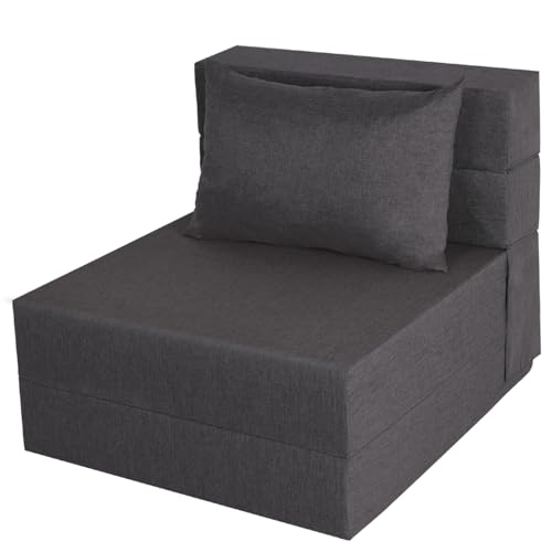 Fvkind Folding Sofa Bed, Foldable Sleeper Chair with Pillow, Convertible Futon Sofa Bed with Washable Cover, Fold Out Couch for Living Room, Dorm, Guest Room, Single Size, Dark Grey