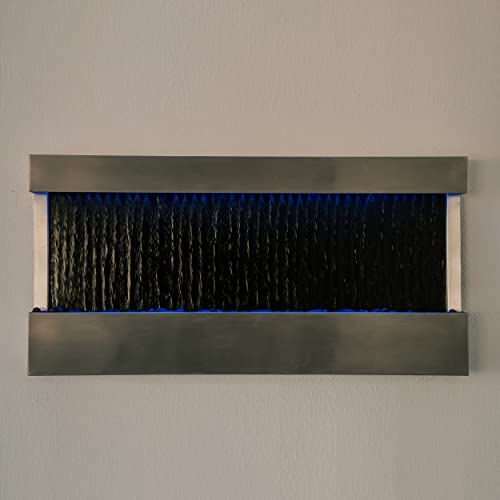 Image of 47 inch Indoor Wall-Mounted Waterfall Mirror Fountain with LED Lights & Smart Plug - Remote Control Water Feature, Modern Silver Decor with Rock Base by XBrand