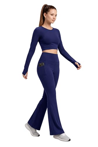 Image of PINAAK FASHION Women's Yoga Co-Ord Set | Full Sleeve Crop Top & Flared High Waist Yoga Pants with Pocket | Thumb Hole Sleeves | Bell Bottom Gym Wear Activewear Tracksuit for Workout, Running & Lounge