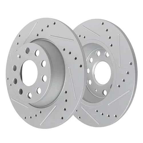 Image of Detroit Axle - 8pc Brake Kit for 2011 2012 Audi A3 [Base], 11-13 A3 Quattro, 2010 Volkswagen Jetta, 12.28 inch inch Front and 11.10 inch inch Rear Drilled and Slotted Disc Brake Rotors Ceramic Brakes Pads