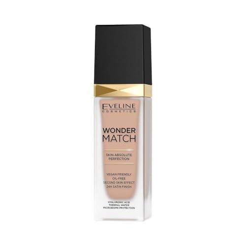 Eveline Cosmetics Wonder Match fondotinta adattivo, coprenza modulabile, finish satinato, formula oil-free con acido ialuronico, acqua termale ed estratto di açaĂ, 30 ml