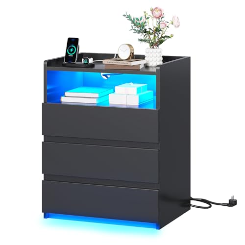 Nachttisch mit Steckdosenleiste Nachtschrank mit Geräumiger Tischplatte,3 Schubladen und 1 Fach,Beistelltisch mit LED-Beleuchtung,Modern Sofatisch...