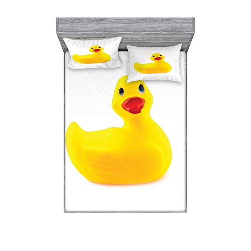 Ambesonne Rubber Duck Fitted Sheet & Pillow Sham Set, Yellow Squeak Ducky Toy Fun Bubble Bath Animal Kids Room Duckling Print, Decorative Printed 3 Piece Bedding Decor Set, Full, White Yellow