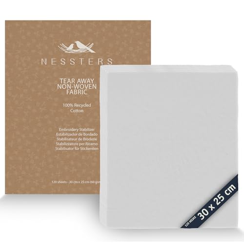 NESSTERS Estabilizador de Bordado Tear Away (desgarrable) - 120 hojas de 25 x 30 cm - Papel de bordado de rasgar para bordar a máquina o a mano - Papel para rasgar - Peso medio (60 gsm)
