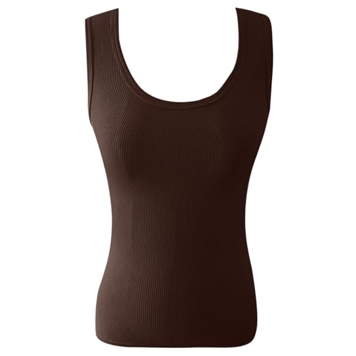 Camiseta de tirantes para mujer, informal, cuello redondo profundo, acanalado, sin mangas, elástico y ajustado, chaleco básico, marrón, S