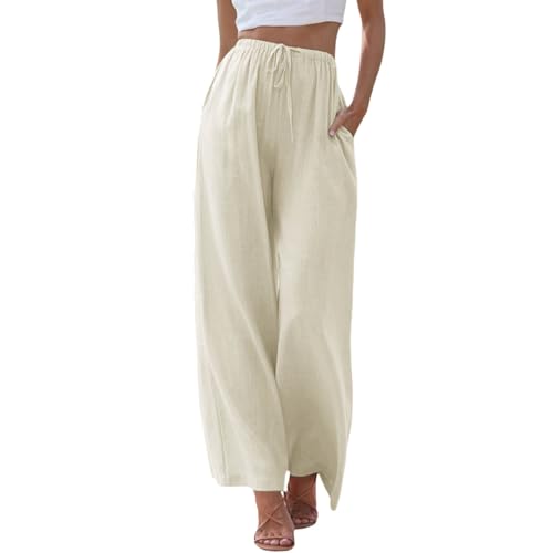 Women's Cotton Linen Summer Palazzo Pants Vacation Flowy Wide Leg Beach Trousers with Pockets