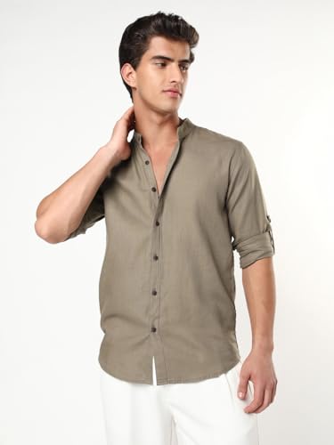 Image of Urbano Fashion Men's Linen Blend Full Sleeve Relaxed Fit Mandarin Collar Casual Solid Shirt