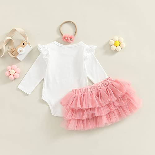 Baby Mädchen 1.Geburtstag Fotoshooting Outfit Lang/Kurzarm Strampler+Rock+Haarband Spitzen Patchwork Tutu Tüll Rock Set Baby Mädchen Geburtstag Prinzessin Tüllrock Outfit (Rosa-A, 12-18 Monate)
