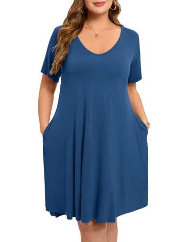 Image of ZENNILO Women's Plus Size Swing Dress with Pockets Casual Summer Dresses V Neck Short Sleeve T Shirt Dress for Women