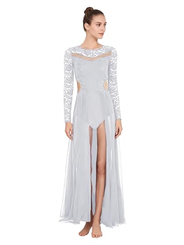 Agoky Damen Langarm Spitzen Tanzkleider Mesh Spleiß Ballettanzug Cut-Outs Ballett Trikot mit Maxi Ballettrock Seitenschlitz Modern Contemporary...