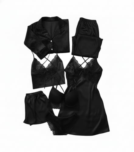 Image of Valentine's Day Fancy Night Suit Bath Robe Dress & Bra Penty Set Combo for Women's Pack of 7 Pcs Nightwear Lingerie Silk Velvet Wedding Gifts Lace Nightsuit Set Black (Free Size)