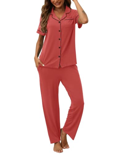 Image of HNG Women Pajamas Set 2 Piece Button Up Pajamas Pant and Short Sleeve Shirt for Woman Pj Sets with Pocket