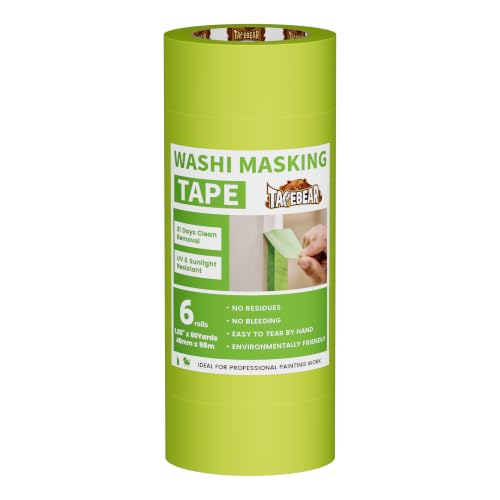 Image of TAPEBEAR Advanced Painters Tape, 21-Days Clean Removal Green Washi Masking Tape 1.88 inch x 60Yards, Medium Adhesion, Indoor Outdoor Multi-Surface Painting with Sharp Lines for Car /Wall Painting, 6Roll