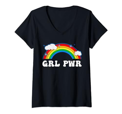 Mujer GRL PWR Linda Chica Power Rainbow Nubes Colorido Camiseta Cuello V