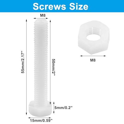 Piutouyar WANGQ20240124-507 20 Pair M8X50Mm White Nylon Hex Bolts Plastic Hex Nuts Full Thread Hex Head Screws And Nuts Set thumb #1