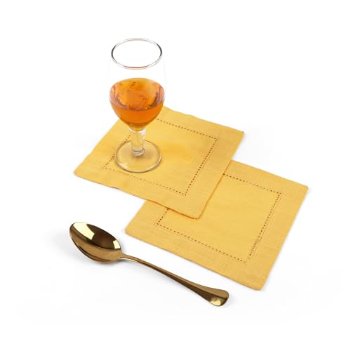 Image of Fingercraft Cotton Cocktail Napkins 6x6 Inches - Set of 12 Reusable Cloth Beverage Coasters with Elegant Ladder Hemstitch - Perfect for Parties, Bars & Home Use (Yellow Slub)
