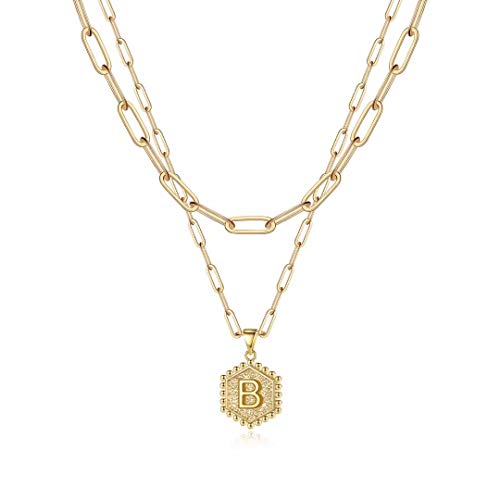 Gold Layered Initial Necklaces for Women, 14K Gold Plated Paperclip Chain Necklace for Women Simple Cute Letter Pendant Initial B Necklace Choker Necklace Dainty Layered Necklaces for Women Girls
