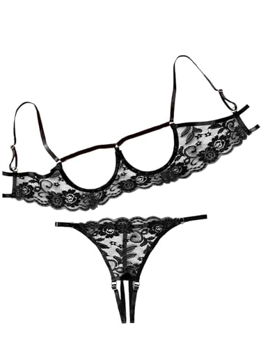 Image of Lilosy Sexy Underwire Floral Lace Sheer Lingerie Set for Women See Through Bra and Panty 2 Piece