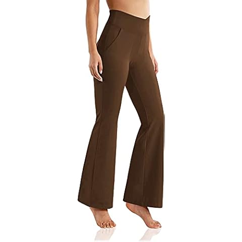Esobo Women's Bootleg Yoga Pants with Pockets High Crossover Waisted Wide Leg Workout Bootcut Pants Work Pants Dress Pants, Brown, XL Cover