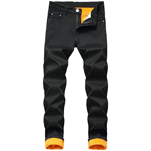 Men's Thermal Fleece Lined Jeans Slim Fit Thicken Stretch Warm Denim Pants Winter Skinny Straight Leg Jean Trousers
