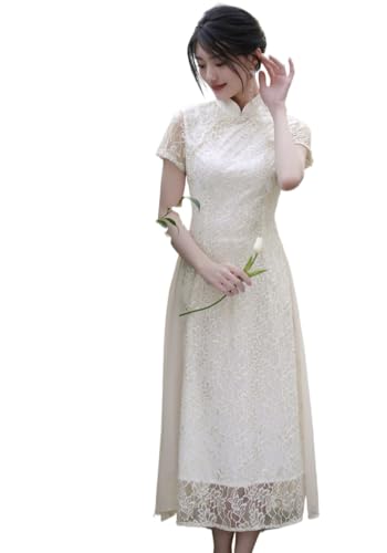 HEARTTOUCH Women Lace Ao Dai Qipao Summer A-Linien Dress Chinese Cheongsam Elegant Party Cocktail Dress Tang Suit