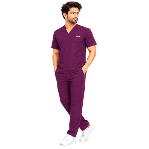 Image of Unisex Medical Scrub Suit Set, V-Neck Top with Pants, Short Sleeve, Polyester Cotton Blend, 7 Pockets, Regular Fit, Hospital Doctor Nurse Uniform