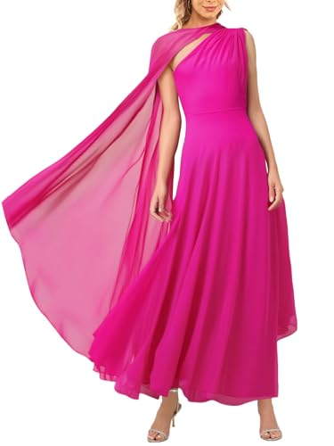 Image of Aisbei Women's Elegant One Shoulder A Line Flowy Maxi Dress Evening Gowns Party Formal Wedding Guest Dresses with Cape