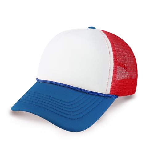 Classic Foam Trucker Hat Summer Mesh Cap Solid Two Toned Blank Foamhead hat for Mens Womens Adjustable Strap Light Weight (White/Royal/Red)