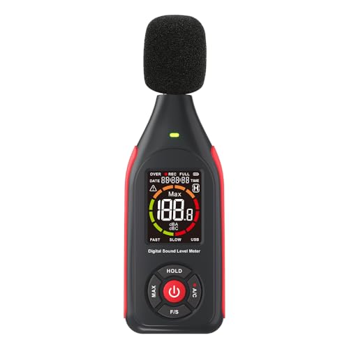 Decibel Meter, Handheld Sound Level Meter 30 to 130dB A/C Weighting Noise Tester,PC-Connectable, Data Analyzable, Color-Coded Alarm, Portable and Rechargeable (GT1355)