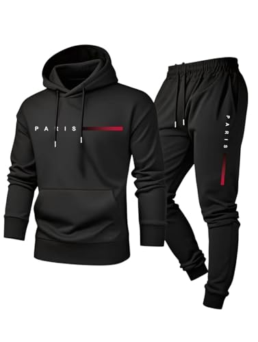 Men's Paris Graphic Tracksuit Set, Black Hooded Sweatshirt with Jogger Pants, Athletic Casual Sportswear