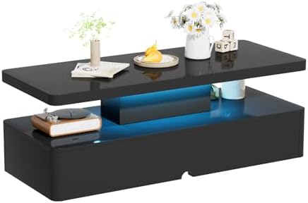 oneinmil Modern LED Coffee Table 40" Living Room Table 16 Colors LED Light Double Layer Design Stylish Coffee Table for Living Room Home Office Black