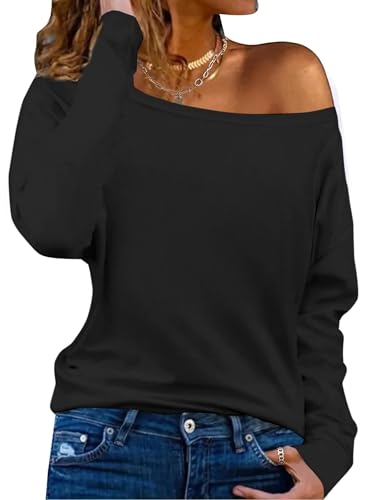 Hilinker Women's Off Shoulder Tops Long Sleeve Graphic Tees Casual Loose Boat Neck T Shirts