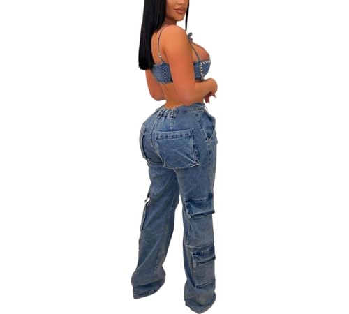 Women's High Waistd Jeans Wide Straight Leg Baggy Cargo Y2K with Multiple Pockets Casual Denim Pants2