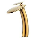 Wovier Shiny Polished Gold Waterfall Bathroom Sink Faucet,Single Handle Single Hole Vessel Lavatory Faucet,Slanted Body Basin Mixer Tap Tall Body,French Gold